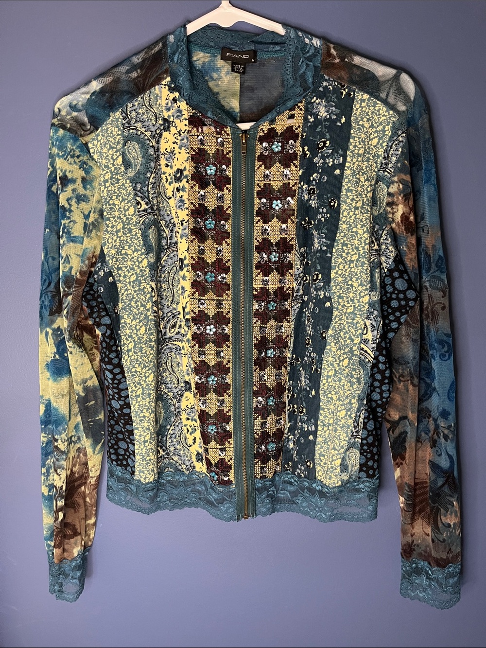 Piano: women's medium, Embroidered Teal & Brown Floral Zip-Front sheer Jacket